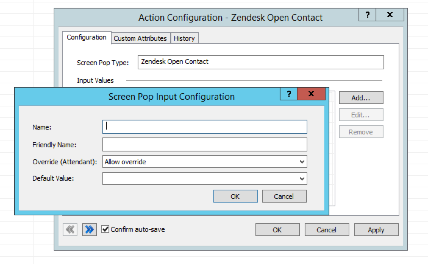 Screenshot of the Screen Pop Input Configuration window for the Zendesk Open Contact action in Interaction Administrator